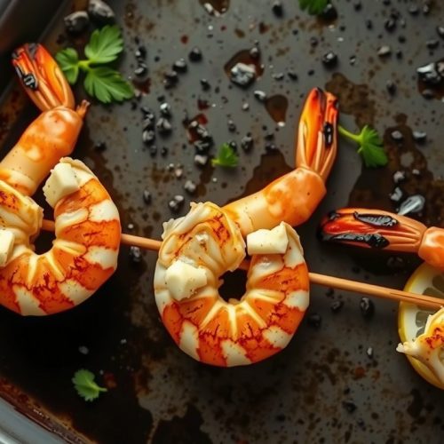 Cajun shrimp skewers on a charred sheet pan, jumbo shrimp with brick-red Maillard crust and caramelized spice rub, tails tightly curled, butter glistening, charred lemon halves alongside, fresh parsley scattered.