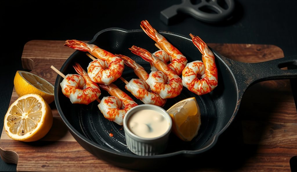 Gluten-free Cajun shrimp skewers with vivid red spice crust on a cast iron grill pan, no breading, charred lemon halves alongside, gluten-free remoulade in a ramekin, butter glistening.