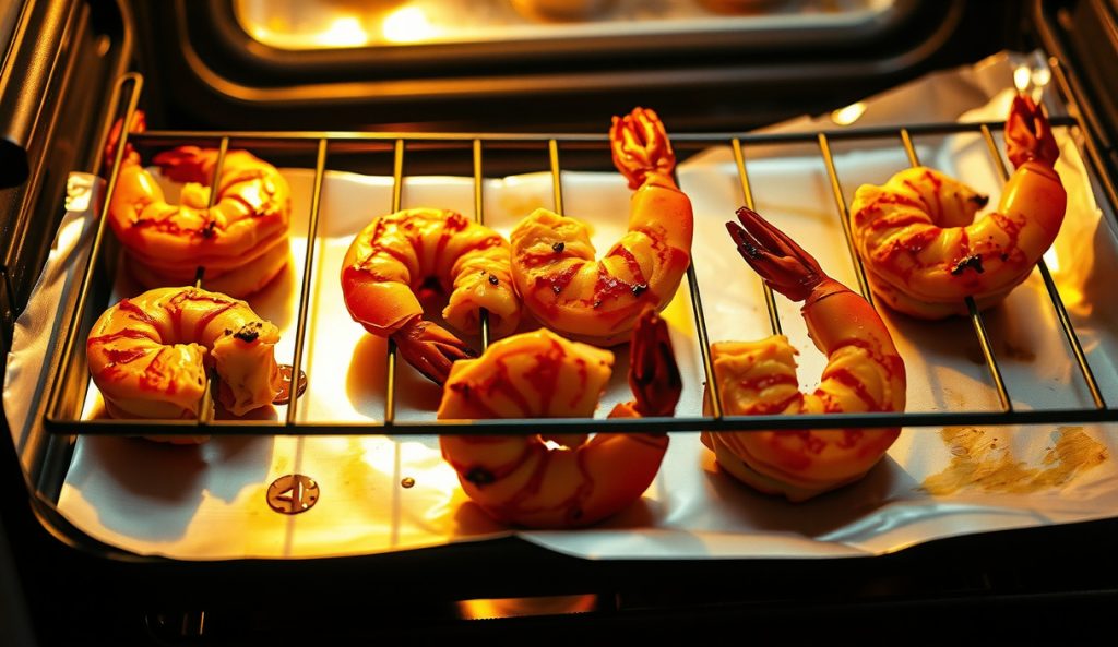 Cajun shrimp skewers on a wire rack under an oven broiler element, showing deep radiant char crust with no grill marks — the indoor broiler oven-only adaptation variant.