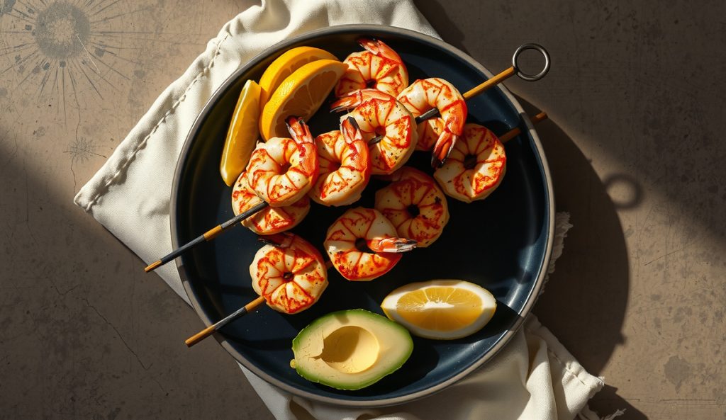 Keto Cajun shrimp skewers with sugar-free smoked paprika and cayenne crust on a wire rack, herb butter pooling beneath, sliced avocado and lemon wedges as low-carb sides, smoke wisps above.