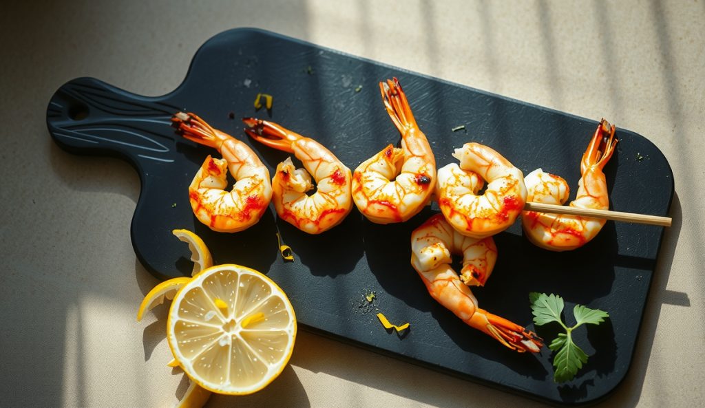 Lemon-herb Cajun shrimp skewers on dark slate with lemon zest threads visible in the spice crust, fresh herbs scattered and grilled lemon squeezed over — the citrus-herb substitution variant.