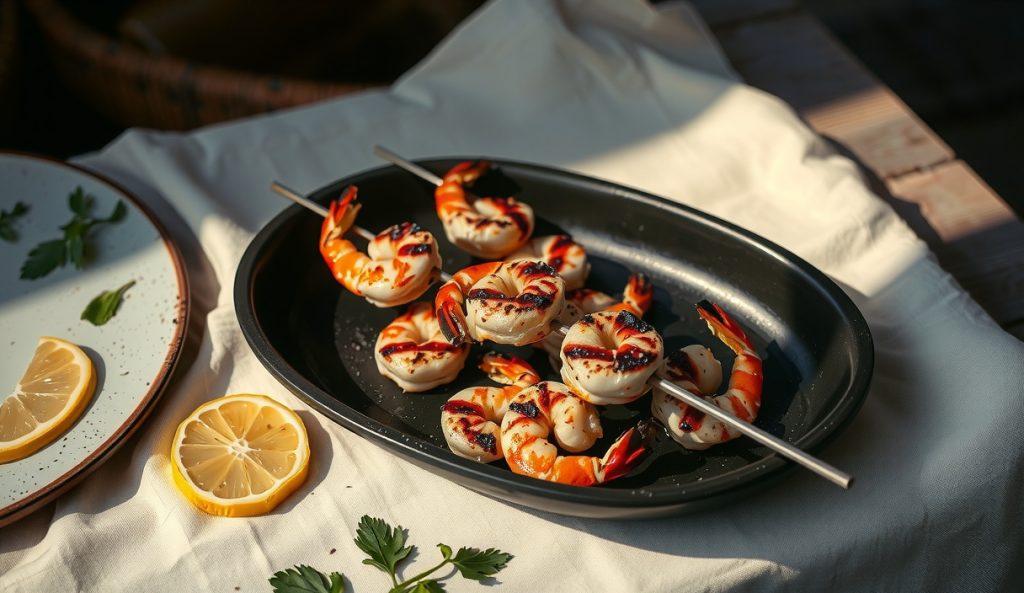 Low-sodium Cajun shrimp skewers with a citrus-herb spice crust replacing salt-heavy seasoning on dark stoneware, with lemon slices and parsley, grill marks visible, steam rising.