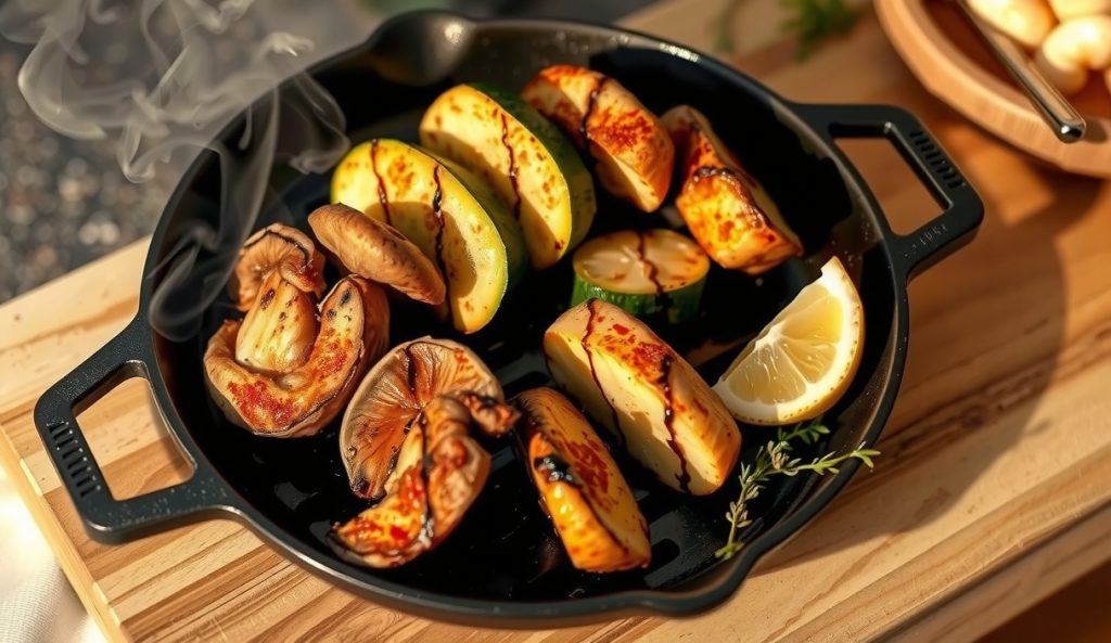 Vegetarian Cajun skewers with smoky king oyster mushrooms and zucchini rounds coated in paprika Cajun spice, deep grill char marks on a cast iron pan, lemon wedges and thyme alongside.
