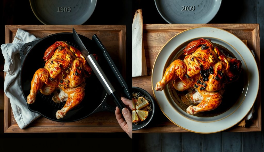 Side-by-side comparison of spatchcock lemon-garlic chicken cooked on charcoal kettle versus gas grill, showing smoke ring on charcoal side and even char on gas side, both butterflied flat on their respective grates.