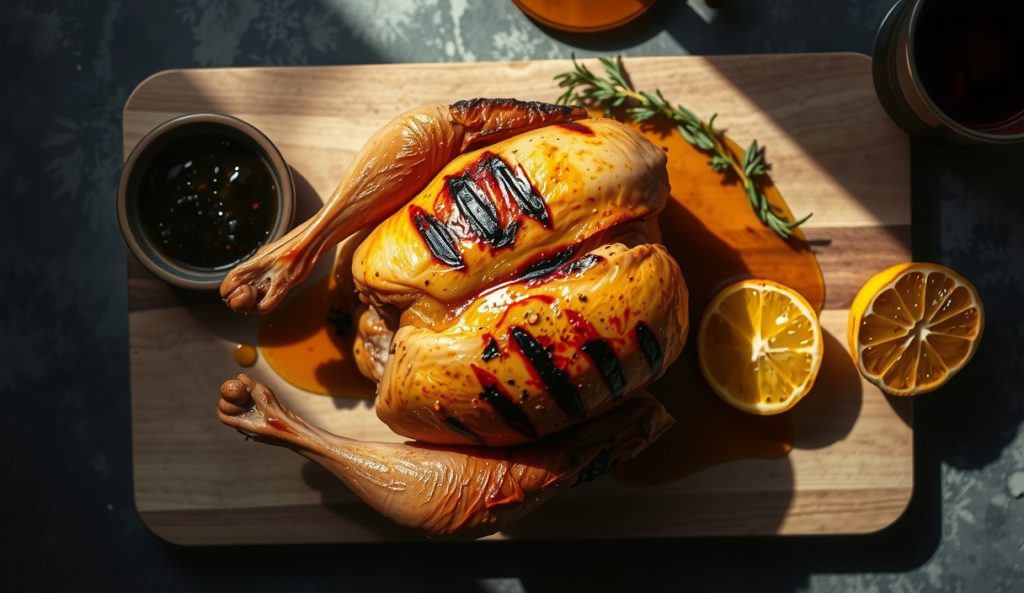 Whole spatchcocked chicken resting flat on a weathered butcher block with uniformly blistered golden-amber skin, grill marks, charred lemon halves and fresh thyme surrounding the bird, butter pooling at the board edge