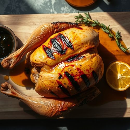 Whole spatchcocked chicken resting flat on a weathered butcher block with uniformly blistered golden-amber skin, grill marks, charred lemon halves and fresh thyme surrounding the bird, butter pooling at the board edge