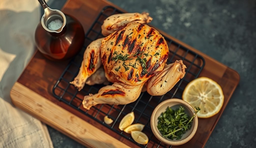 Low-sodium grilled spatchcock chicken on wire rack with lemon-garlic herb crust, empty salt cellar tipped beside it signaling salt omission, softer golden skin — low-sodium gluten-free variant.