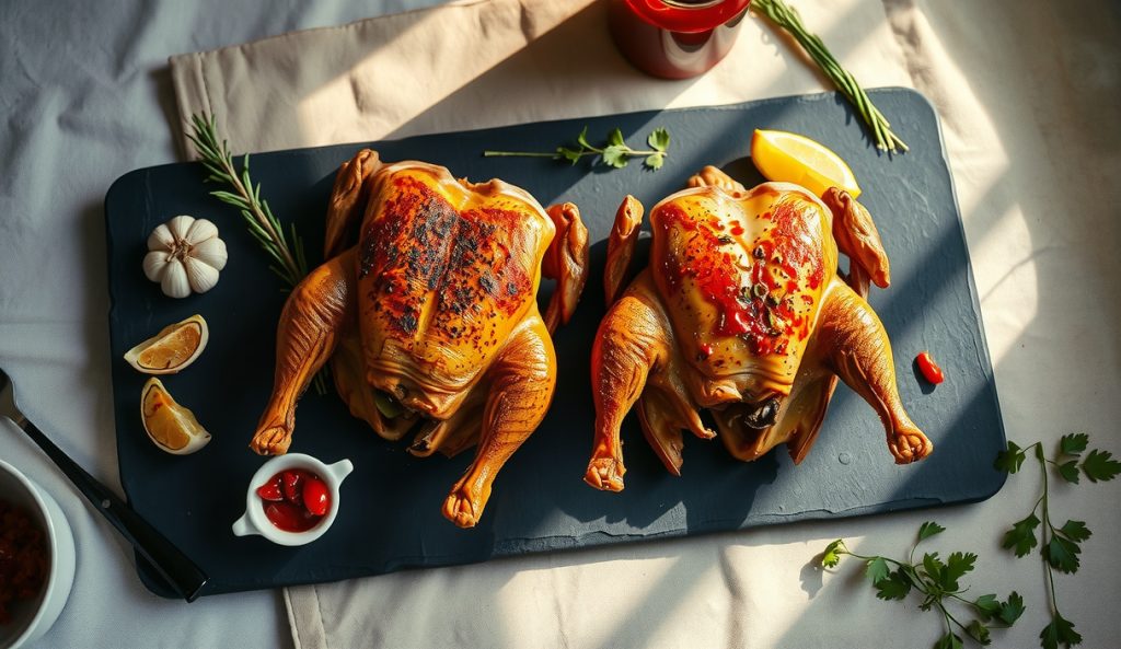 Two spatchcock chicken halves showing herb swap variations side by side: Spanish rosemary-paprika rub on left and North African harissa on right, with ramekins of each marinade — ingredient swap variant.