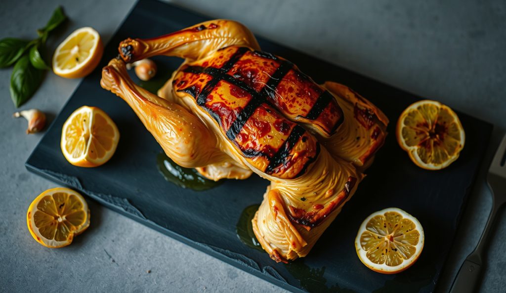 Keto grilled spatchcock chicken on dark slate with sugar-free lemon-garlic herb oil sheen, crisp amber skin, charred lemon halves and roasted garlic cloves beside the flattened bird, no sweet glaze.