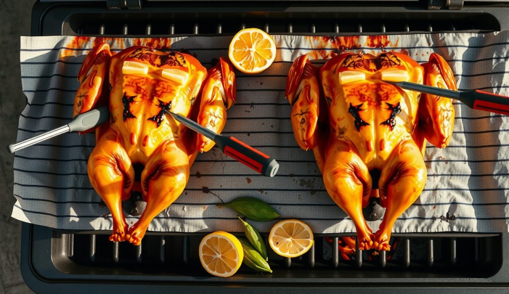 Two spatchcock chickens side by side on a large grill with a two-inch airflow gap between them, both showing identical lemon-garlic char marks and probe thermometers — two-bird scaling-up variant.