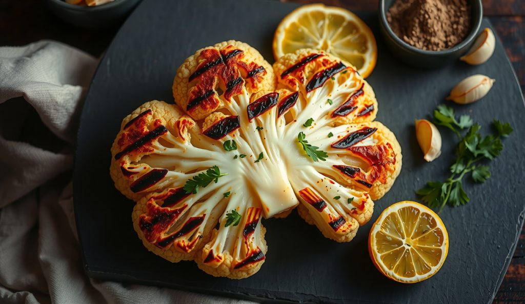 Vegetarian companion: butterflied whole cauliflower flat on grill grates mimicking spatchcock chicken, lemon-garlic herb oil gleaming with deep crosshatch char marks, charred lemon and roasted garlic alongside.