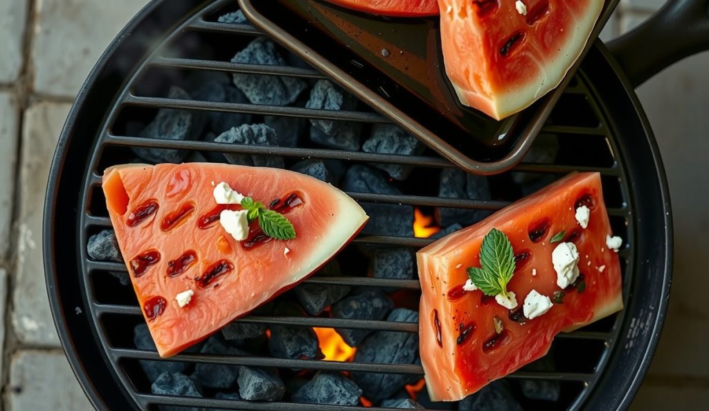 Watermelon steaks on a charcoal kettle grill with hickory chips smoldering below, showing heavy smoke contact and savory char marks — the charcoal and wood smoke variant delivering phenolic depth.