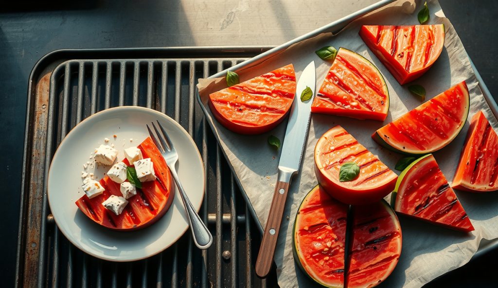 Two rounds of grilled watermelon steaks on a two-burner grill with a staged tray of pre-blotted slabs ready for batch two, showing the crowd-scale grill management setup with crosshatch marks.
