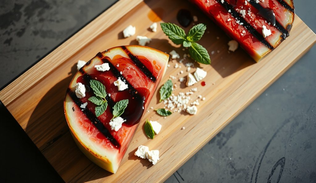 Two thick grilled watermelon steaks on a weathered butcher block with dramatic grill-char marks, scattered brined feta, torn fresh mint, and balsamic glaze ribbons, with pink juice beading at the cut edges.
