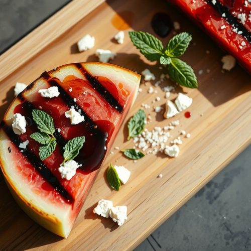 Two thick grilled watermelon steaks on a weathered butcher block with dramatic grill-char marks, scattered brined feta, torn fresh mint, and balsamic glaze ribbons, with pink juice beading at the cut edges.