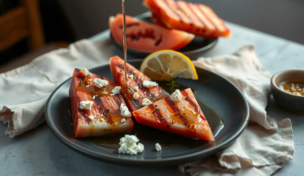 Grilled watermelon steaks with Aleppo-spiked honey drizzled in glossy amber pools across grill marks instead of balsamic, showing the sweet-heat honey glaze substitution with red pepper flake contrast.