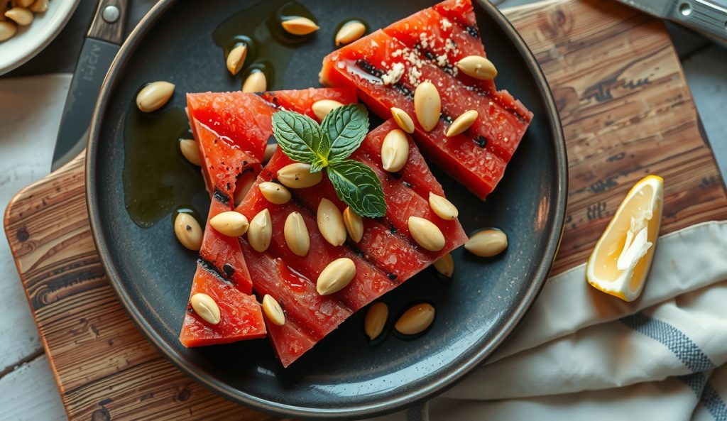 Grilled watermelon steaks topped with toasted pumpkin seeds and cashew crumble instead of feta, with balsamic drizzle and mint — the vegan adaptation with no dairy and seed-based fat and texture.