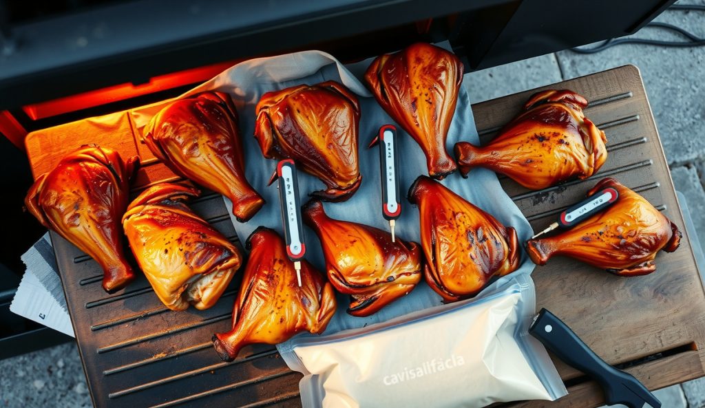 Eight yogurt-marinated smoked chicken thighs spaced across two smoker grate levels with probe thermometers, a marinade bag staged in the foreground — the crowd-size batch scaling variant.