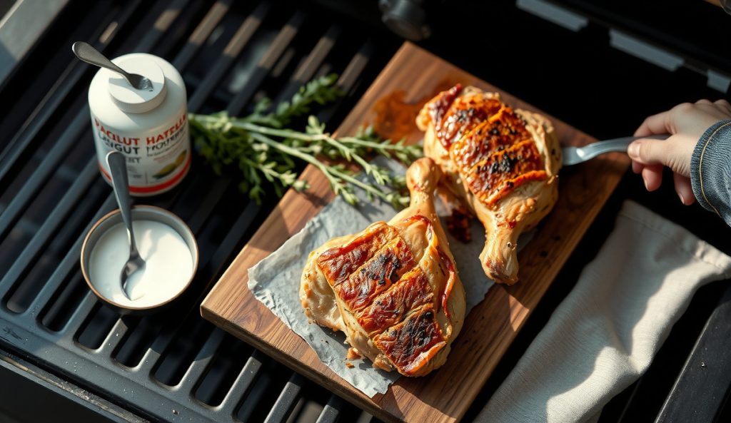 Smoked chicken thighs with a coconut yogurt marinade crust showing pale gold Maillard browning, full-fat coconut yogurt container open nearby — the dairy-free coconut yogurt variant.