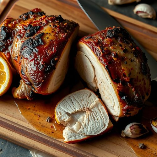 Smoked Greek-yogurt-marinated chicken thighs on a weathered butcher block, deeply caramelized paprika-cumin bark, smoke ring visible in the sliced cross-section, juices pooling on the board, charred lemon halves alongside.