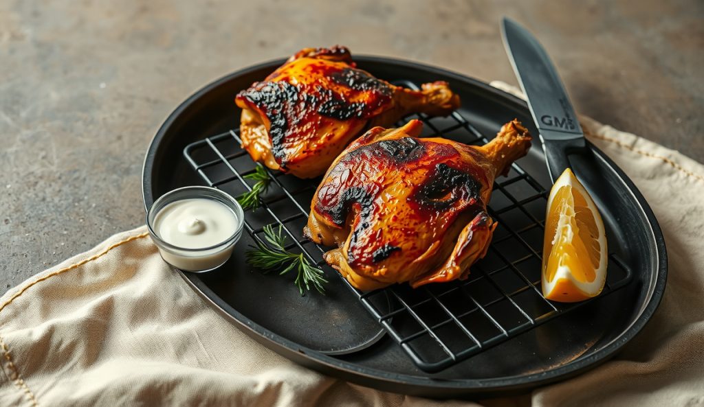 Gluten-free high-protein smoked chicken thighs with charred Greek yogurt herb crust on a wire rack, oregano and lemon zest coating visible, small tub of plain yogurt and lemon beside, smoke drifting.