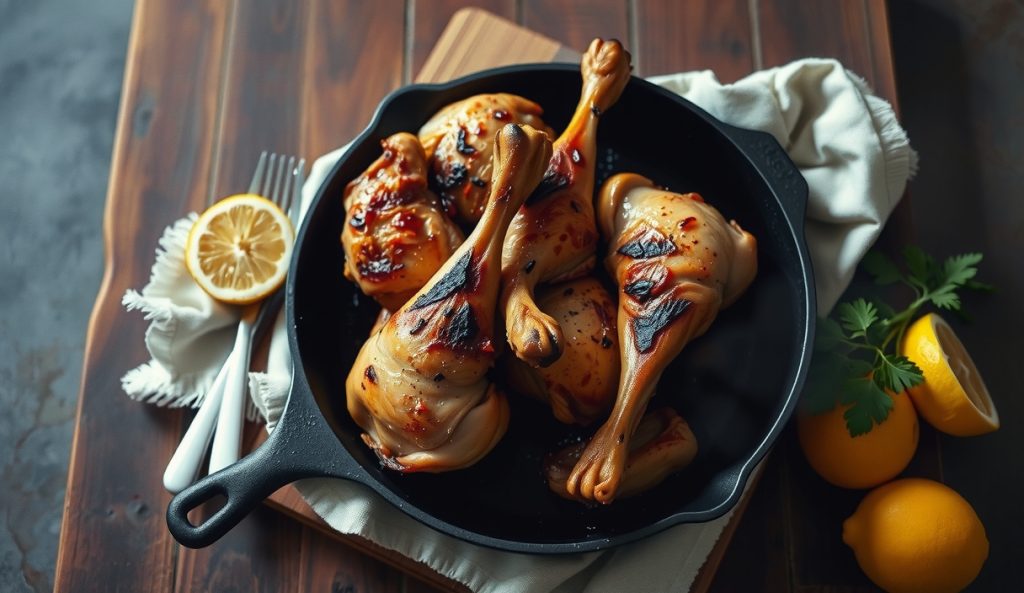 Keto smoked chicken with sugar-free Greek yogurt and black pepper crust charred in a cast iron skillet, no sugary glaze, rendered fat pooling, with lemon wedges and parsley, smoke rising.