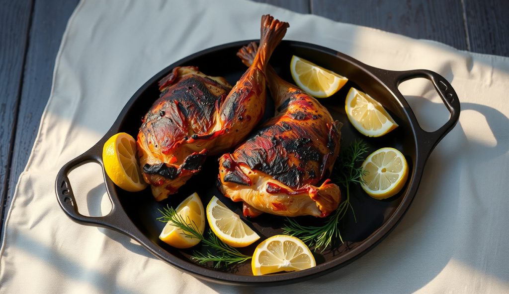 Low-sodium smoked chicken thighs with a lemon, dill, and Greek yogurt herb crust replacing salt-heavy marinade, served on dark stoneware with lemon slices and fresh dill, steam rising.