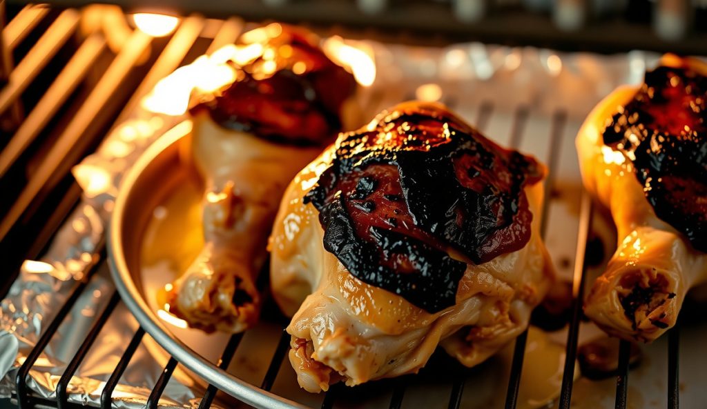 Yogurt-marinated chicken thighs on a wire rack over a sheet pan in a home oven with deeply bronzed Maillard crust and broiler char — the sheet-pan oven-only variant, no smoker.