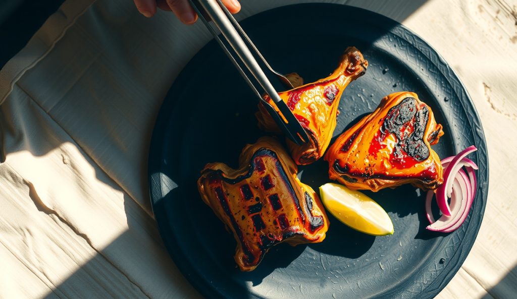 Chicken thighs with Kashmiri chili and garam masala yogurt char on direct grill grates, vivid scarlet crust with intense crosshatch marks — the tandoori-style high-heat grill variant.
