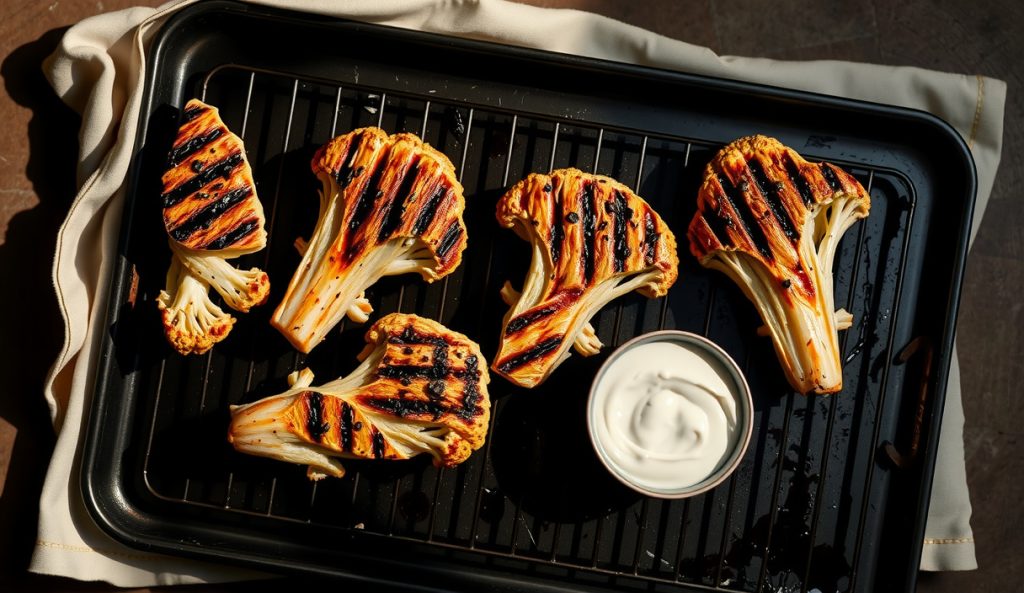Vegetarian companion: smoked cauliflower steaks and tofu coated in Greek yogurt herb marinade with deep grill char marks on a wire rack, oregano crust visible, yogurt dip alongside, smoke drifting.