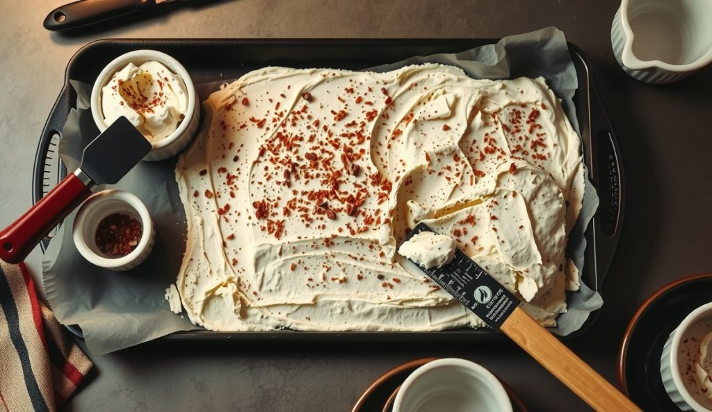A half-sheet pan of smoked cottage cheese spread to a precise shallow layer with an offset spatula showing depth constraint — the crowd-scale doubled batch variant with everything bagel seasoning.