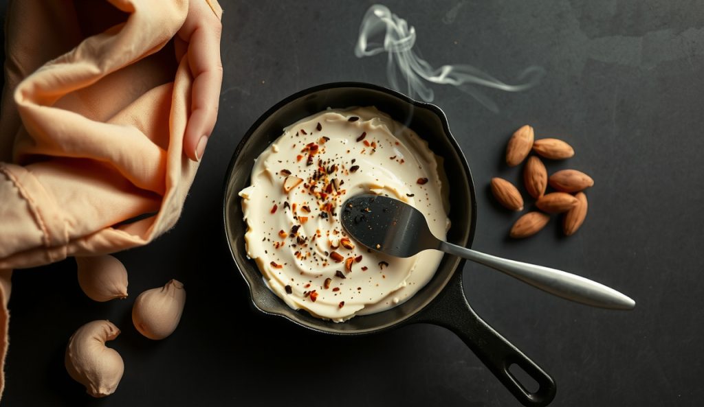 Cold-smoked cashew cottage-style cheese in a cast iron skillet with everything bagel seasoning, raw cashews alongside indicating plant base — the dairy-free adaptation variant with shallower smoke tint.