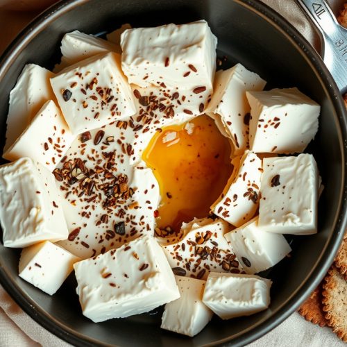 Smoked cottage cheese in a dark stoneware bowl with smoke-tinted casein curds, everything bagel seasoning crust of sesame, poppy seeds and dried garlic, olive oil drizzle in the center, whole-grain crackers fanned alongside.