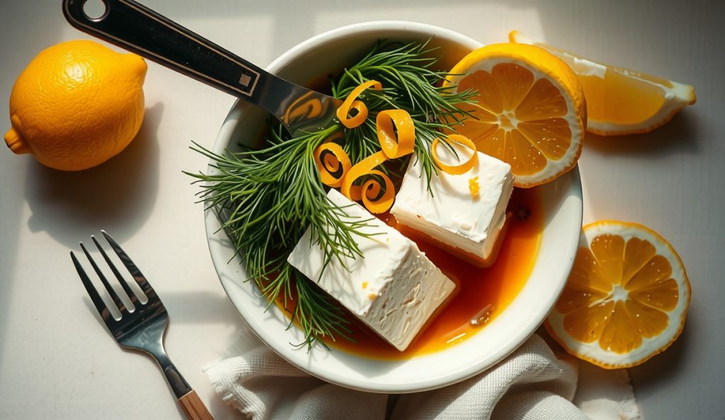 Smoked cottage cheese topped with fresh dill and grated lemon zest curls in a white ceramic bowl with a microplane and lemon wedge alongside — the herb and lemon Mediterranean finish variant.