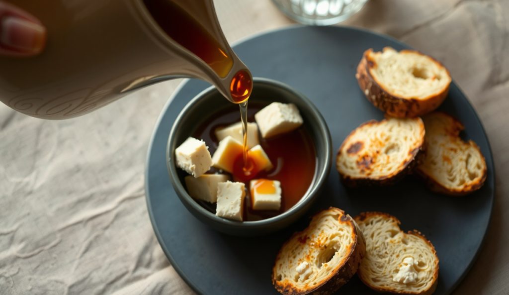 Smoked cottage cheese in a dark stoneware bowl with a mid-pour drizzle of hot honey glistening over everything bagel seasoning, crostini alongside — the hot-honey drizzle substitution variant.