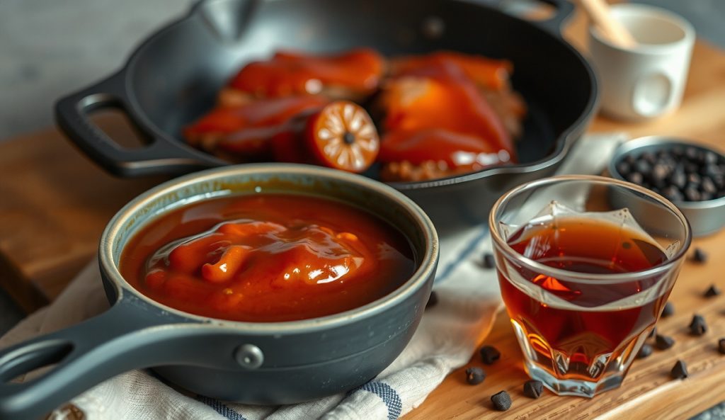 Bourbon-smoked Kansas City BBQ sauce in a stoneware bowl with a glass of aged bourbon alongside a cast iron skillet showing deglazed aromatics, highlighting the barrel-oak and vanilla depth of this variant.