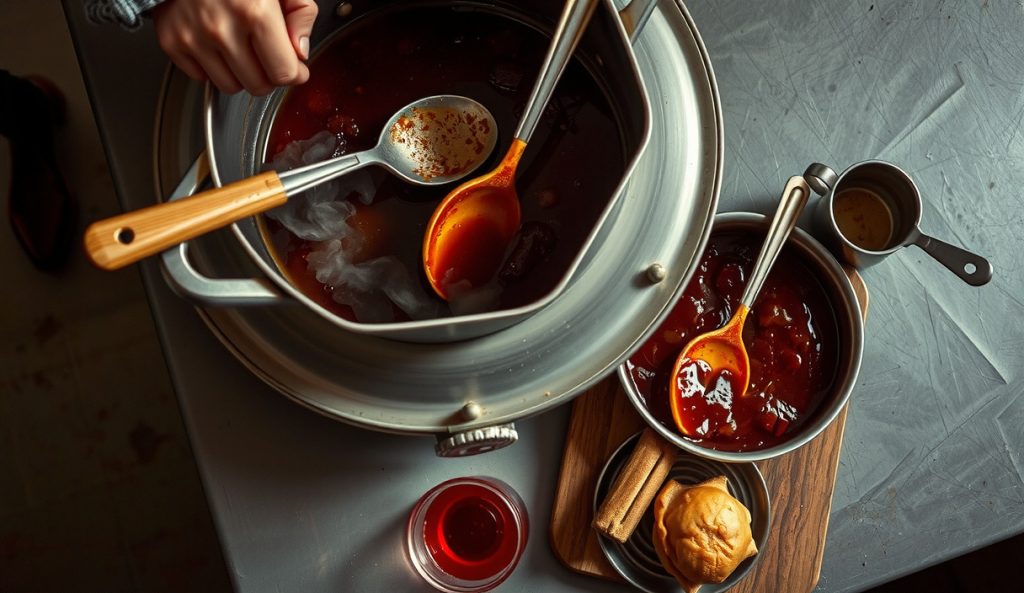 Competition-batch Kansas City BBQ sauce simmering in a large commercial rondeau, showing 10x-scale production volume, wide surface area for reduction, and deep mahogany molasses-tomato color.
