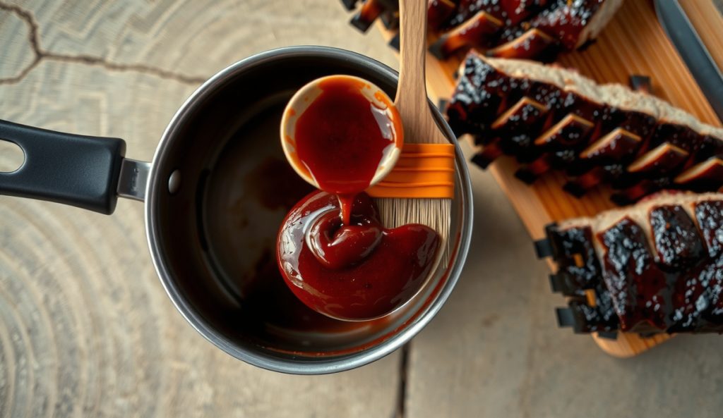 Three-quarter overhead saucepan of Kansas City BBQ sauce with deep mahogany molasses color, thick sauce dripping from a wooden spoon, steam rising, with glazed ribs visible in the background.