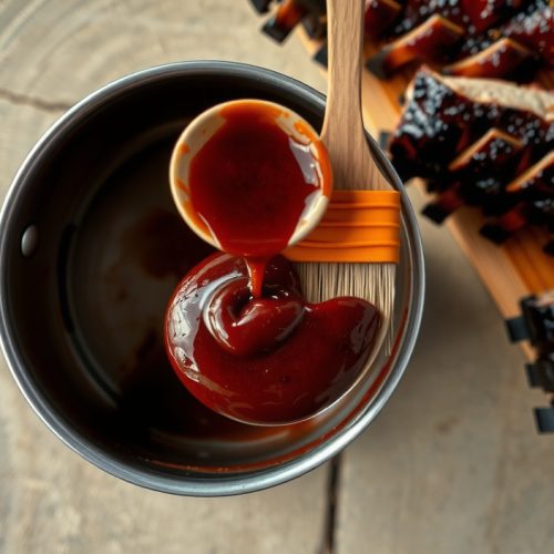 Three-quarter overhead saucepan of Kansas City BBQ sauce with deep mahogany molasses color, thick sauce dripping from a wooden spoon, steam rising, with glazed ribs visible in the background.