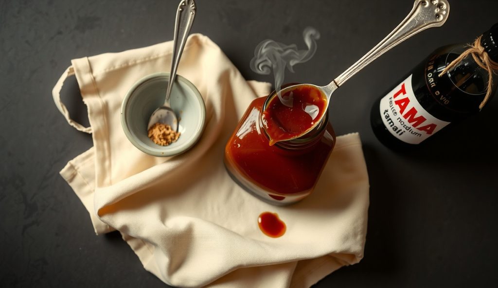 Low-sodium Kansas City BBQ sauce in a glass jar with mushroom powder and reduced-sodium tamari visible nearby, no salt shaker present, emphasizing the umami-preserving sodium-cut adaptation.