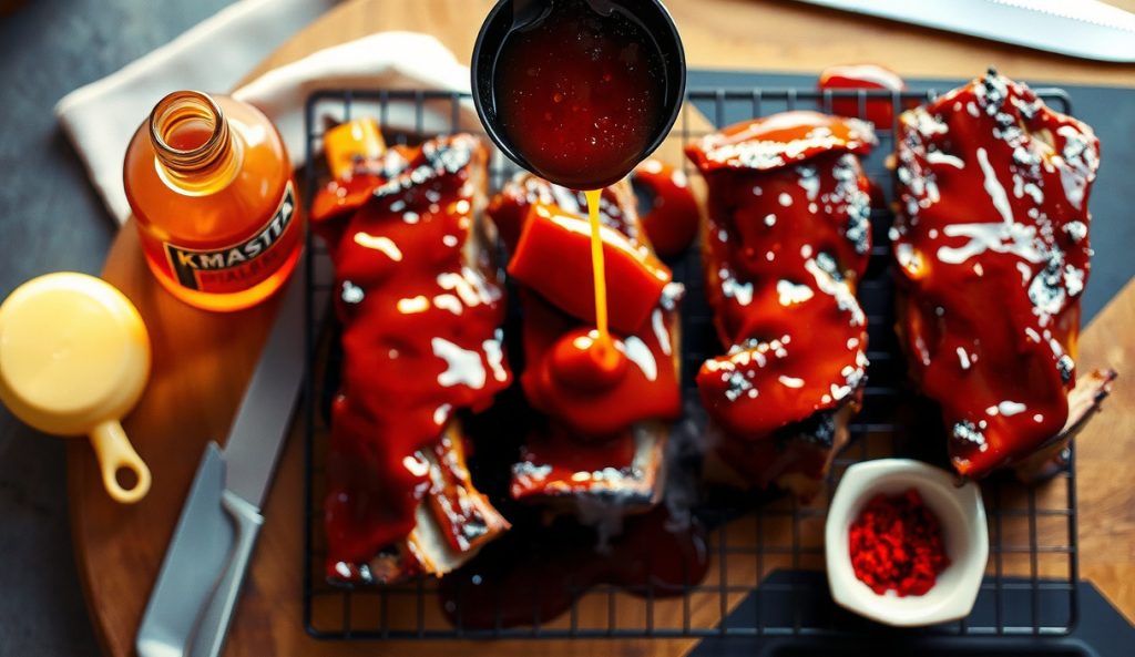 Spicy Kansas City BBQ sauce poured over pork ribs on a wire rack, showing cayenne-red flecks throughout the molasses-dark gloss with hot sauce and cayenne ramekin visible nearby.