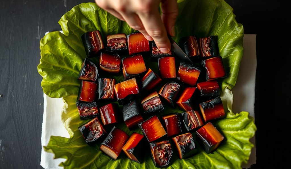 Competition-style Kansas City burnt ends in a turn-in box showing mirror-gloss lacquer glaze, precise cube geometry, and shattering thin bark edges for maximum judge impact.