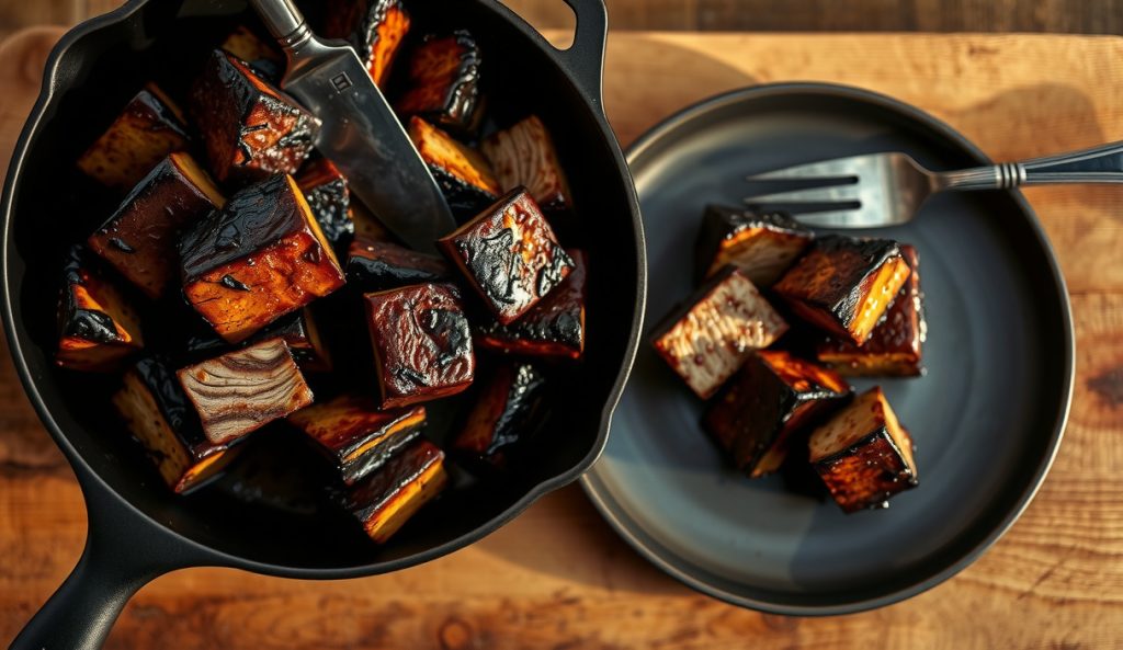 Cast iron skillet piled with Kansas City burnt ends, each cube coated in a thick lacquered double-bark glaze with caramelized edges, sticky sauce pooling between pieces, wispy smoke rising