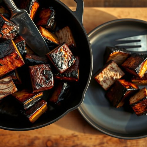 Cast iron skillet piled with Kansas City burnt ends, each cube coated in a thick lacquered double-bark glaze with caramelized edges, sticky sauce pooling between pieces, wispy smoke rising