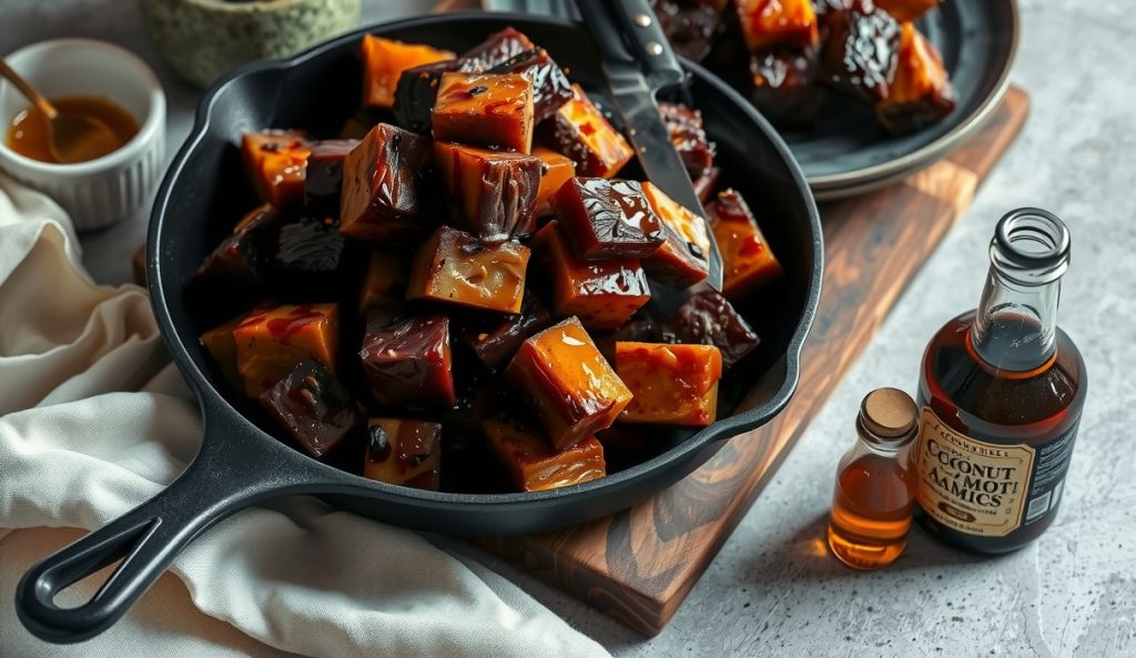 Kansas City burnt ends in a cast iron skillet with a bottle of coconut aminos beside them, highlighting the gluten-free Worcestershire swap in this naturally GF recipe.