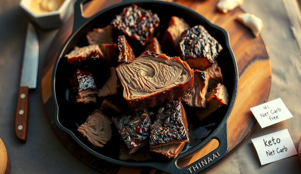 Keto Kansas City burnt ends with double-bark matte crust and sugar-free sauce in cast iron skillet, smoke ring visible in sliced cube, rising steam on charred butcher block.