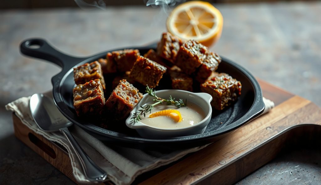 Low-sodium Kansas City burnt ends with herb-citrus reduced-salt double bark on dark enamelware tray, low-sodium sauce and fresh thyme alongside, smoke rising on weathered butcher block.