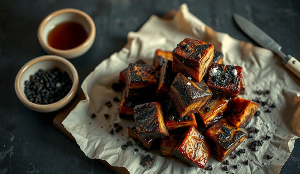 Texas-style brisket burnt ends on butcher paper showing dry coarse-pepper bark and tallow sheen with no sauce glaze, rooted in central Texas no-sauce tradition.
