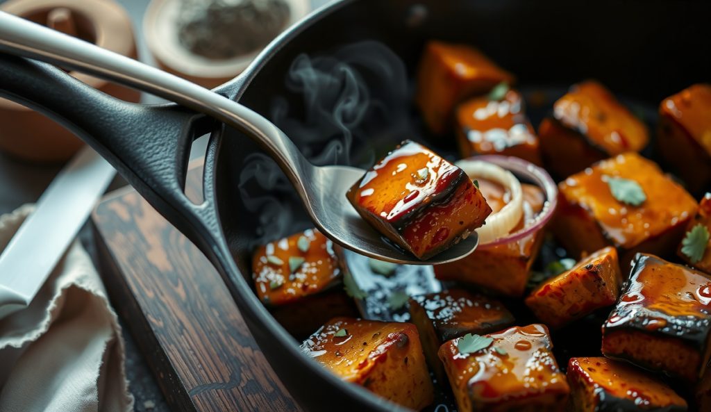 Vegetarian Kansas City burnt ends analog: charred tofu and king oyster mushroom cubes with double-bark glaze in cast iron skillet, pickled onion garnish, smoke rising on dark butcher block.