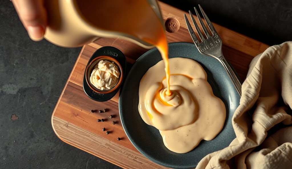 Alabama white BBQ sauce — a creamy keto mayo-and-horseradish emulsion — being poured from a ceramic pitcher onto a dark stoneware plate, no tomato, horseradish flecks visible.